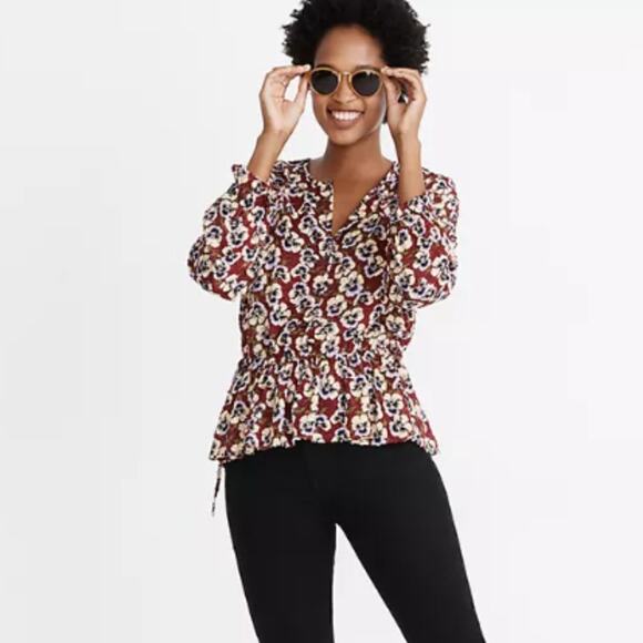 Madewell Drawstring Ruffle-Hem Top in Viola Floral - Picture 2 of 12